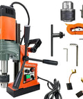 Heavy Duty Magnetic Drill Press 1400W With Solid Copper Motor For Extreme Power, featuring various tools like a chuck and handles.