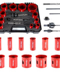 Badass 18 Piece Cobalt Bi Metal Hole Saw Kit That Slices Through Wood Plastic Drywall And Hardened Steel Like Butter Featuring High Concentric Precision Bits Ranging From Three Quarters To Two Point Five Inches in a black storage case with red hole saws.