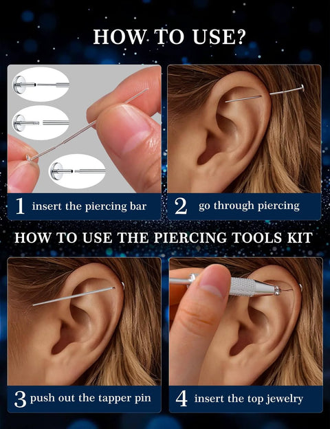 Step-by-step guide using Pro Piercing Taper Kit With Ball Grabber Tool Stainless Steel Flat Back Earring Applicator.