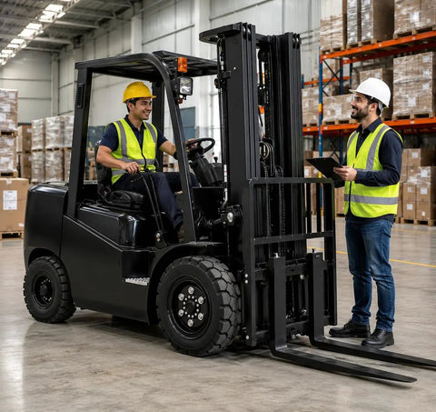 Heavy Duty Counterbalance Forklift Diesel Powered With 3ton Capacity Hydraulic Lift Mast System in warehouse with operators.