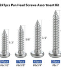 247 Piece Pan Head Wood Screw Set For Home DIY Projects, Stainless Steel 304 Self Tapping Screws, Phillips Drive, various sizes shown