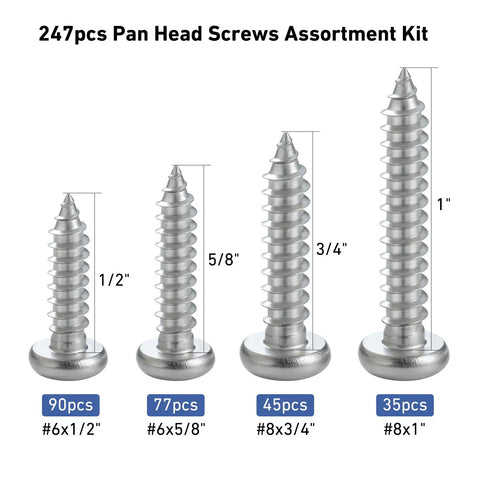 247 Piece Pan Head Wood Screw Set For Home DIY Projects, Stainless Steel 304 Self Tapping Screws, Phillips Drive, various sizes shown