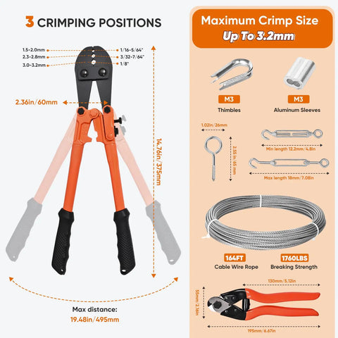 Crimping tool and cable cutter kit with stainless steel cable for deck railing, porch fence, and string lights DIY project