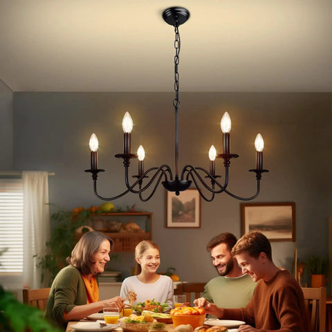 Farmhouse 6 Light Black Chandelier For Dining Room And Kitchen Island Pendant Light Fixture with family dining below