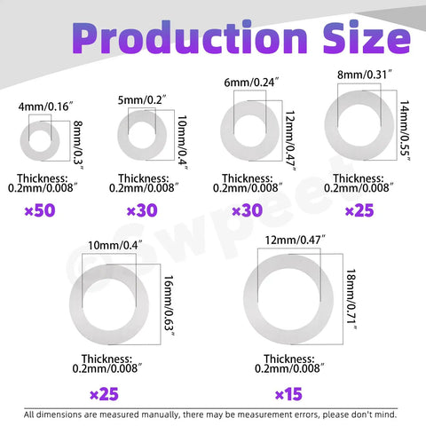 304 Stainless Steel Flat Washer Set, 175 Piece Assortment in 6 Sizes M4 M5 M6 M8 M10 M12, size chart
