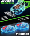 Cordless 2 In 1 Electric Hedge Trimmer With Dual Blades, 2000RPM Handheld Grass Cutter, showing motor and batteries