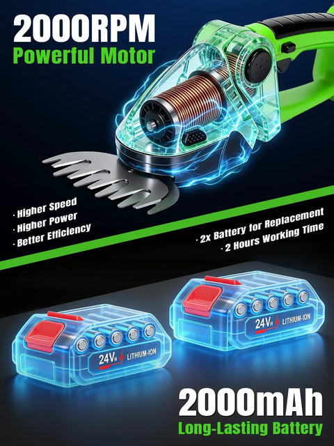Cordless 2 In 1 Electric Hedge Trimmer With Dual Blades, 2000RPM Handheld Grass Cutter, showing motor and batteries