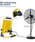 Dual 50W And 80W LED Work Light With 108 LED Beads next to standing fan, showing socket connection and dimensions.