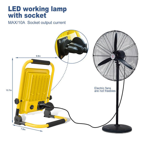 Dual 50W And 80W LED Work Light With 108 LED Beads next to standing fan, showing socket connection and dimensions.