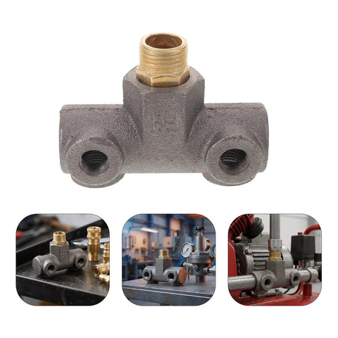 Heavy Duty Cast Iron Four Way Air Compressor Cross Adapter With 1/2 And 1/4 Inch Male Threads, Multi Directional Connections
