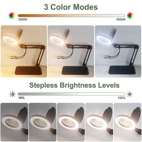 3 In 1 Magnifying Desk Lamp with light, heavy duty base, clamp, 5X LED magnifier, three color modes, stepless dimmable brightness