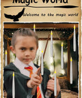 Child with wand interacting with Flameless Taper Floating Candles With Magic Wand Remote 20 Piece Set Dope Flickering Warm Light