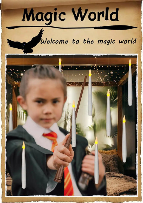Child with wand interacting with Flameless Taper Floating Candles With Magic Wand Remote 20 Piece Set Dope Flickering Warm Light