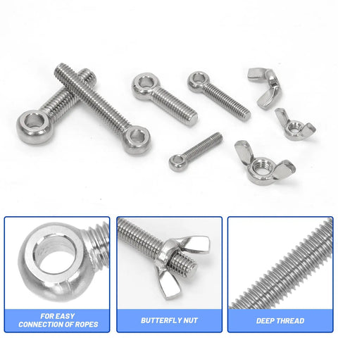 6 Sets M8 x 50mm Lifting Shoulder Eye Bolts With Wing Nuts Kit, stainless steel bolts and butterfly nuts close-up