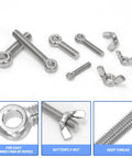 Six Pack Of M8 X 30mm Lifting Shoulder Eye Bolts With Wing Nuts In Stainless Steel Kit For Pipe Fasteners Machinery And Manufacturing Ring Eye Bolts With Butterfly Nuts For Heavy Lifting, top view