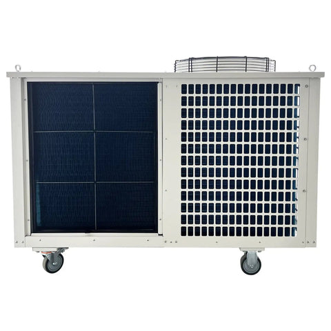 Rock Solid Industrial Air Conditioner Portable Commercial Spot Cooler 220V 61000 Btu 7200W front view with dark grille and wheels.