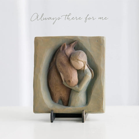 Always There For Me hand painted 4 inch square resin bas relief wall plaque of girl in cream dress hugging a reddish horse