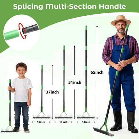 Man holding 65 Inch Thatch Rake With 21 Teeth, Dual Sided 13 Inch Wide Head For Thatch Removal, next to child with shorter rake sections