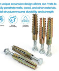 Heavy Duty Wall Anchor Screw Kit For Concrete With Serrated Self Drilling Plugs No Prep Install Rust Resistant Yellow Zinc Plated Carbon Steel Ideal For Mounting Shelves TVs Cabinets Mirrors And More, zinc anchors with bolts
