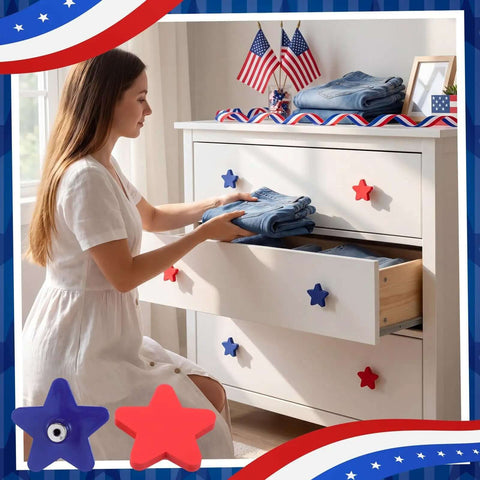 Woman using Patriotic Star Cabinet Knob Set 12 Piece Red And Blue Silicone Drawer Knobs For Kitchen Decor 4th Of July Party Decor