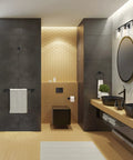 Modern bathroom with Bristol 5 Piece All In One Matte Black Bathroom Set With Dimmable 3 Light Vanity Light Featuring Seeded Glass Shades