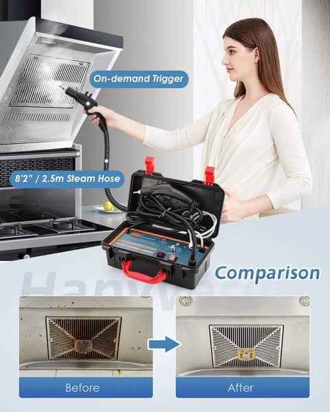 Heavy Duty High Pressure Steam Cleaner 1700W Portable Steamer in use on kitchen vent, showing before and after cleaning results.