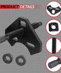 Hub bearing remover tool kit with long threaded bolt and black steel frame; includes two washers