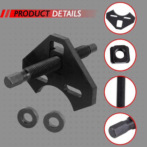 Hub bearing remover tool kit with long threaded bolt and black steel frame; includes two washers