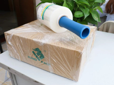 Mini Clear Stretch Wrap Film 5 Inch By 1000 Feet 4 Pack With Easy Grip Handle 80 Gauge Heavy Duty Pallet Wrap on box