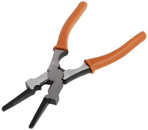 Heavy Duty Mig Welding Pliers With Spring Loaded Handle And Rugged Comfort Grips Built Like A Tank To Crush Rough Job Sites, gray and orange design.