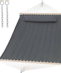 Portable Two Person Tree Hammock With Hardwood Spreader Bar And Extra Large Pillow For Indoor Outdoor Use In Gray Heavy Duty Quilted Polyester Hammock.