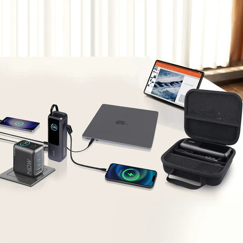 Hard Travel Case For Anker 25,000mAh 165W Power Bank And Prime 26,250mAh 140W USB C Laptop Charger Rugged Black Carry Case For A1695 And 26K Power Banks Case Only next to charging devices.