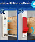 Rust Resistant Stainless Steel Magnetic Door Catch Set 6 Pack with adhesive showing screw and adhesive installation methods