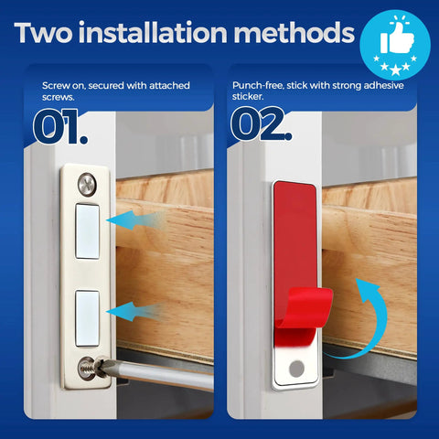 Rust Resistant Stainless Steel Magnetic Door Catch Set 6 Pack with adhesive showing screw and adhesive installation methods