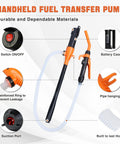 Hella Powerful Battery Fuel Siphon Pump With Slick High Suction Motor For Darn Smooth Gas Oil Water Diesel Transfer And No Drama Portable Operation In Vibrant Orange Color with switch and hose details.