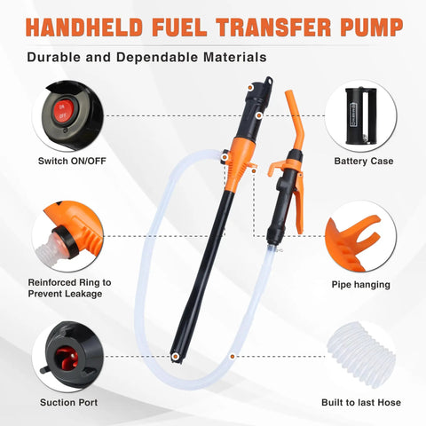 Hella Powerful Battery Fuel Siphon Pump With Slick High Suction Motor For Darn Smooth Gas Oil Water Diesel Transfer And No Drama Portable Operation In Vibrant Orange Color with switch and hose details.