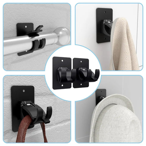 Stick On Curtain Rod Bracket Set 8 Pack No Drill Easy Mount Universal Plastic Holders for Curtain Rods in use on walls