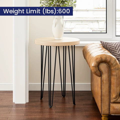 Side table with 30 Inch Hairpin Table Legs Half Inch Diameter Three Rod Steel Black With Rubber Floor Protectors in living room