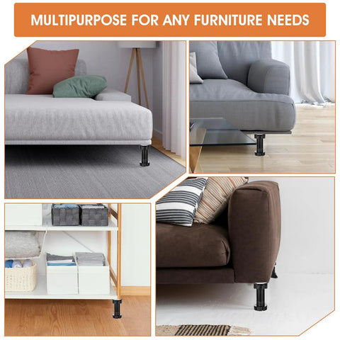 Adjustable Furniture Leveling Feet Set, 12 Pieces, used on couches and shelves, showing heavy duty cabinet levelers