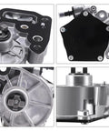 TAUTOY brake vacuum pump collage: front view with black mounting plate, side/back cover, gear housing, and motor mount.