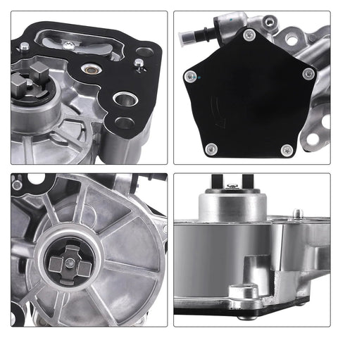 TAUTOY brake vacuum pump collage: front view with black mounting plate, side/back cover, gear housing, and motor mount.