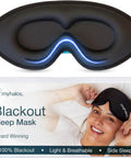 3D Contoured Sleep Mask With Zero Pressure Memory Foam Eyelash Friendly Breathable Blackout For Side Sleepers Travel Ready Award Winning Comfort For Deep All Night Sleep, shown on packaging and model.