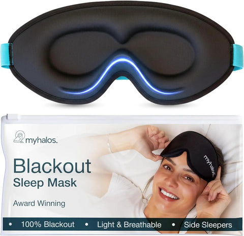 3D Contoured Sleep Mask With Zero Pressure Memory Foam Eyelash Friendly Breathable Blackout For Side Sleepers Travel Ready Award Winning Comfort For Deep All Night Sleep, shown on packaging and model.