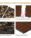 Installation process for Interlocking Wood Deck Tiles 12x12 Inch Walnut, 27 Pack Waterproof Patio Floor Tiles For All Weather Outdoor Use.