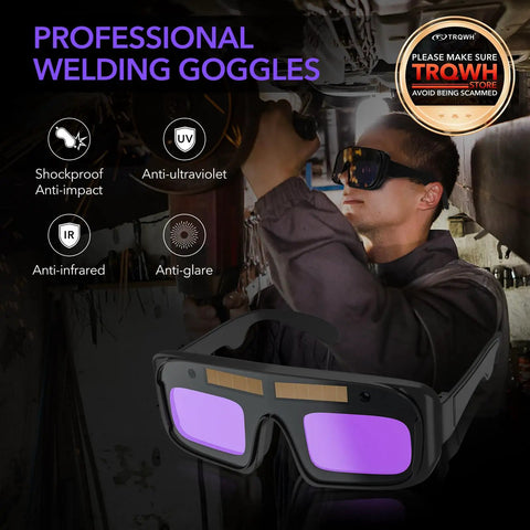 Auto Darkening Welding Glasses With True Color Lens For TIG MIG ARC Plasma Cutting And Grinding Pro Grade Eye Protection Safety Goggles With PC ABS Frame Anti UV IR Glare Comfortable Welder Goggles For Daily Use, featuring a professional welder using the goggles while working.