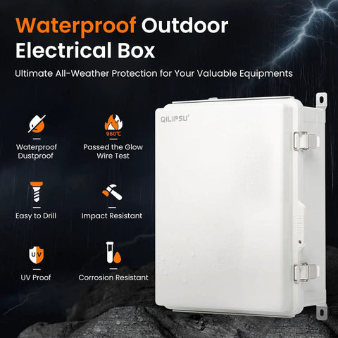 Weatherproof Outdoor Electrical Box With IP66 Rating Large 16.4 By 12.4 By 7.1 Inch Junction Box on rocky surface.