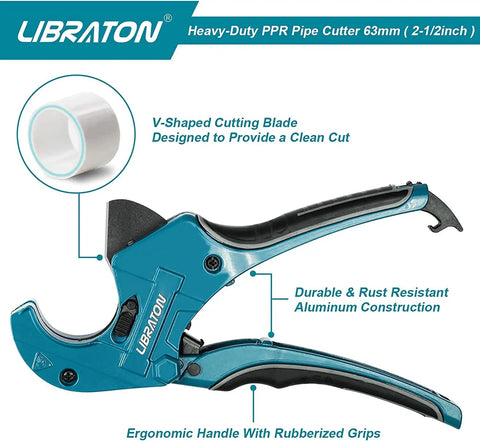 Heavy Duty Ratchet Pipe Cutter For PEX PVC And PPR Hoses Up To Two And A Half Inches With Aluminum Body And SK5 Blade Teflon Coated