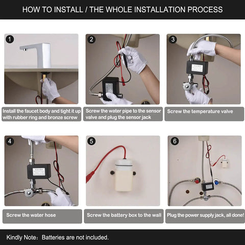 Installation guide for Electric Automatic Touchless Bathroom Sink Faucet With Hot And Cold Mixer, showing control box setup.