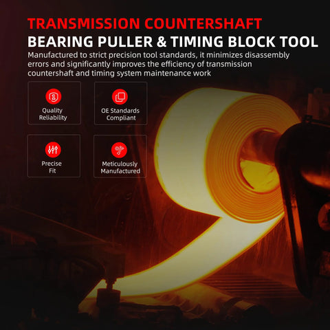 Automotive tool banner for transmission countershaft bearing puller and timing block tool, orange glow background.