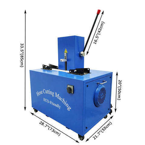 Beast Mode Electric Hose Cutting Machine for 0.2 to 2 Inch Hoses Heavy Duty Hydraulic Cutter in blue with dimensions.